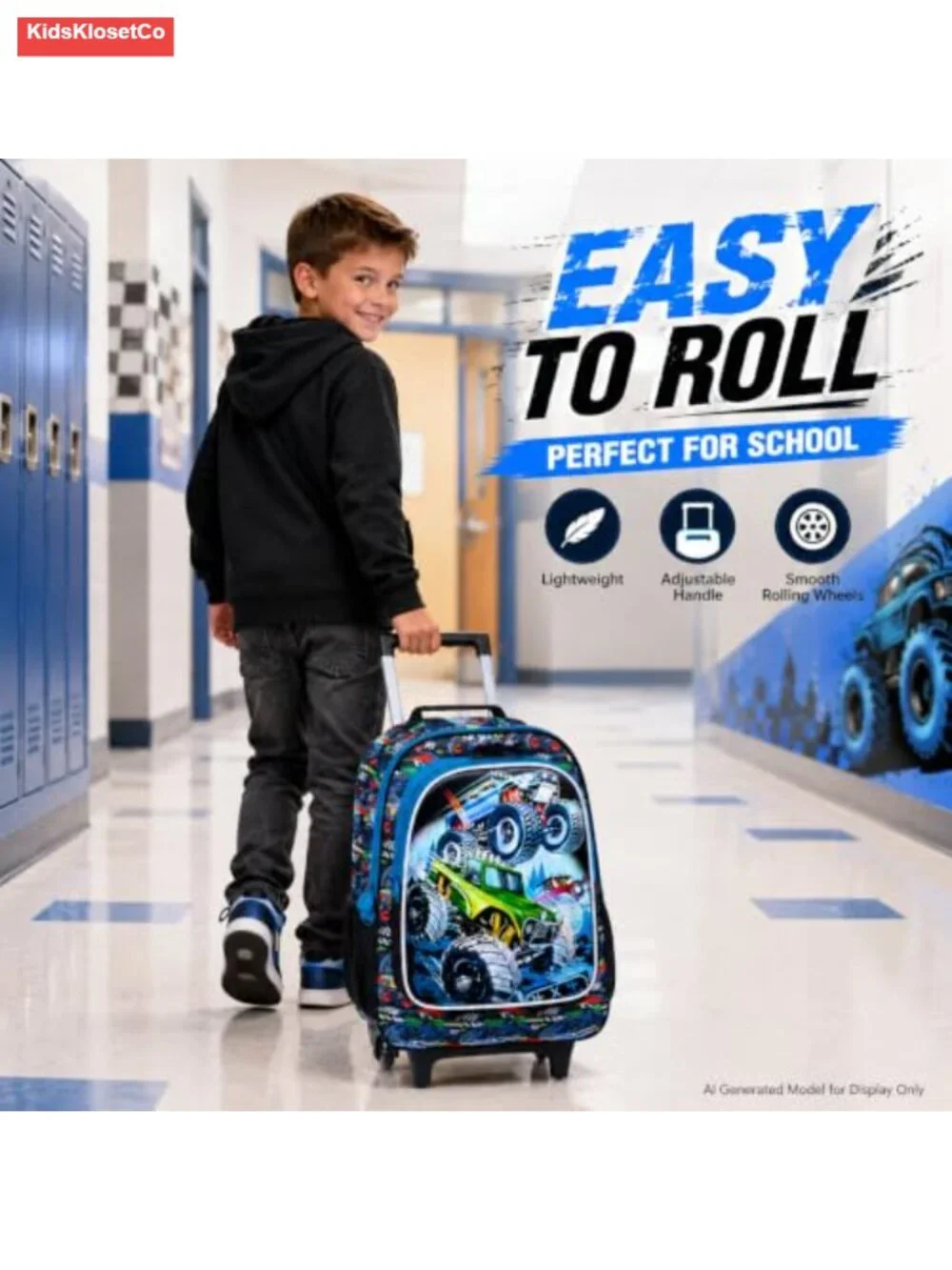 Rolling Backpack for Boys with Wheels, Telescopic Handle, Polyester, Water